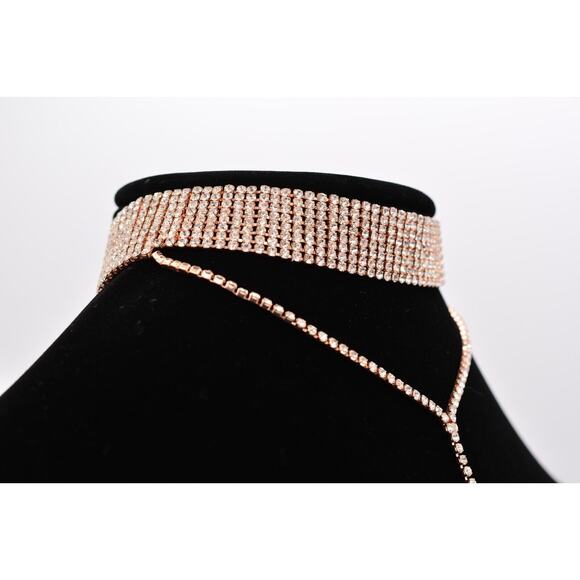 Vintage Crystal Choker Necklace Y Drop Chain Rhinestone Shiny Gold Tone 90s BinI - Picture 5 of 12